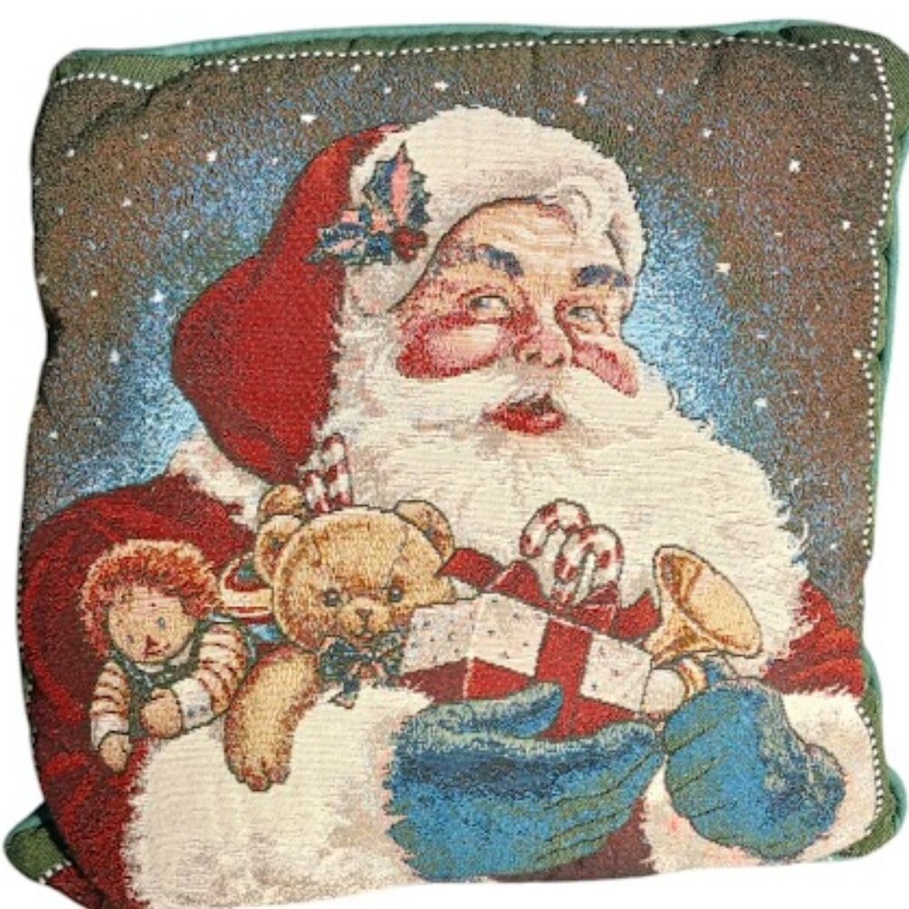 Christmas Vintage Woven Tapestry,Jolly Santa Claus, Pillow 16" X 16"